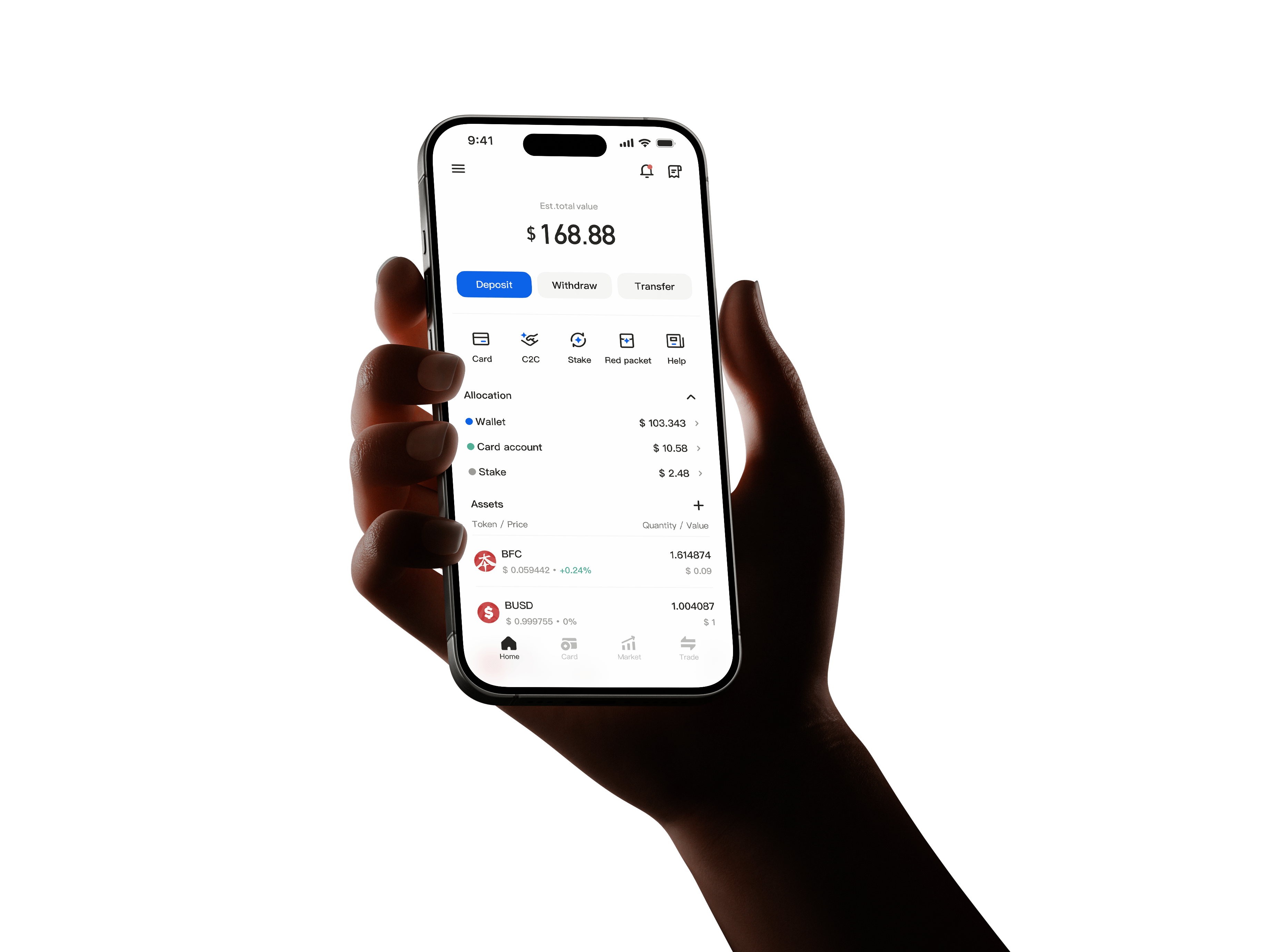 BenPay App phone interface showing wallet balance, card account, and assets