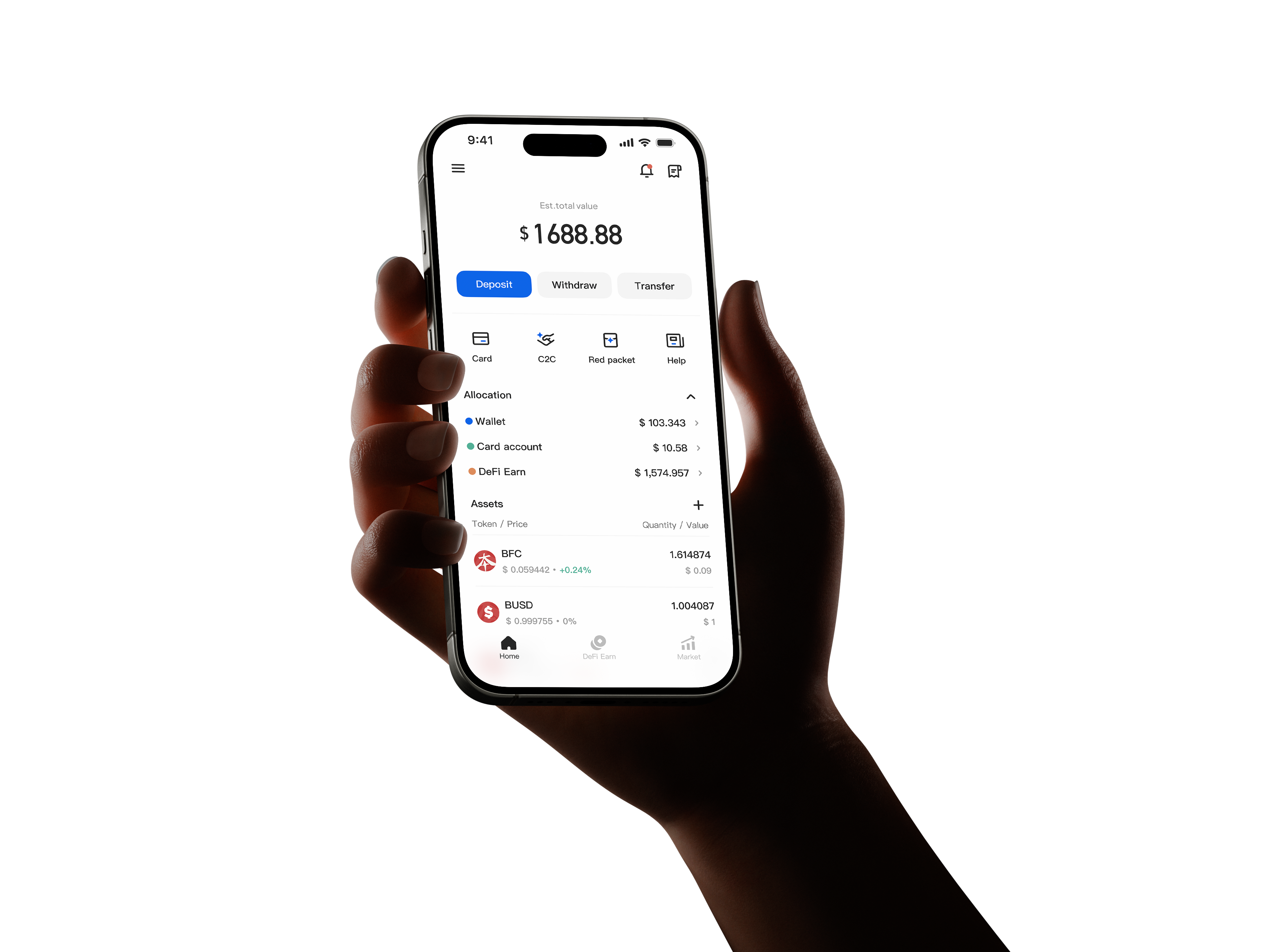 BenPay App phone interface showing wallet balance, card account, and assets